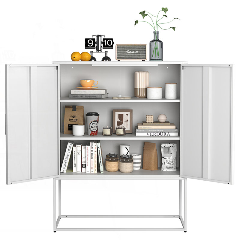 Buffet en métal, armoire de rangement moderne avec 2 tablettes, armoire d'appoint autoportante, Blanc