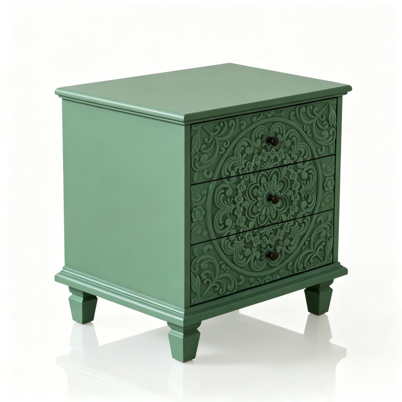 Table de chevet 20,5 po en bois sculpté avec rangement à 3 tiroirs, Green