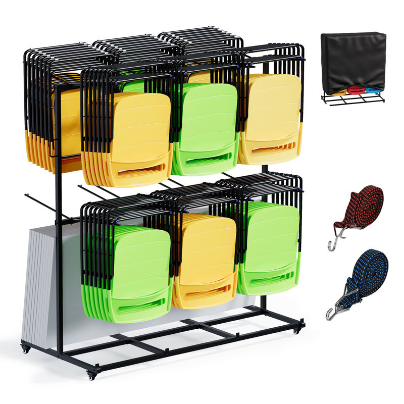 Support à chaises pliable avec roulettes verrouillables, chariot de chaise robuste de 800 lb pour 84 chaises ou 12 tables, support de chaise double couche avec tablette inférieure, housse de protection, cordons