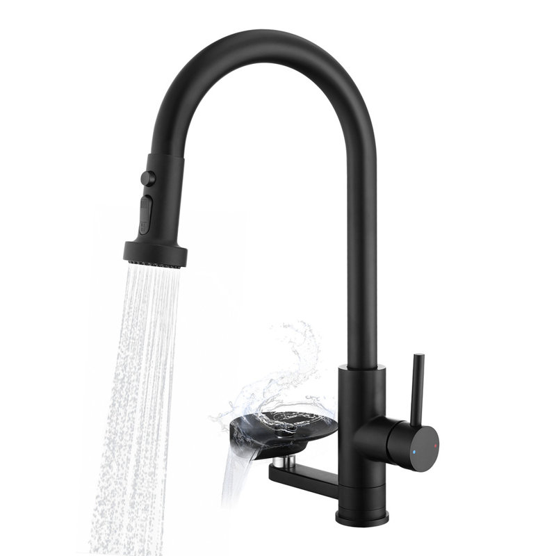 Robinet de cuisine noir mat avec pulvérisateur rétractable 3 modes de pulvérisation, fonction rétractable à une poignée, fabrication durable idéale pour les éviers de cuisine