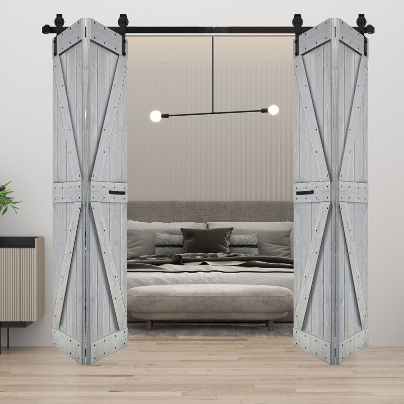 Porte de grange double pliante en bois massif de style K avec ensemble de quincaillerie - Assemblage requis, Gris français