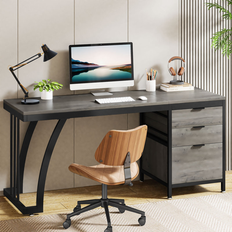 Bureau d'ordinateur à 3 tiroirs Syasia, Gris / noir