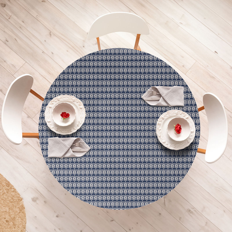 East Urban Home Indigo Blue Fitted Round Tablecloth Champagne, 64.17" Round