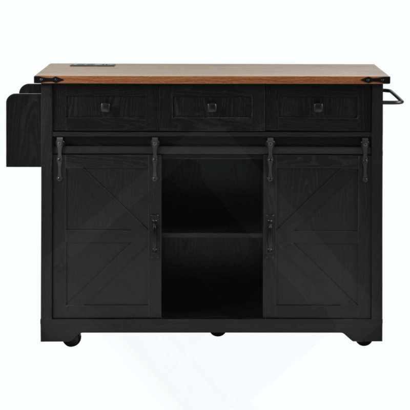Farmhouse Kitchen Island With Power Outlet, 2 Sliding Barn Door Kitchen Storage Island With Drop Leaf, Spice Rack Rolling Kitchen Cart On Wheels, For Home, Kitchen And Dining Room