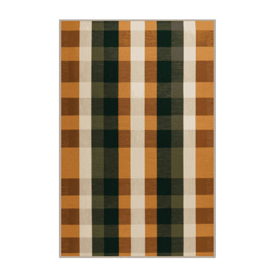Machine Washable Checkered Brown Area Rug