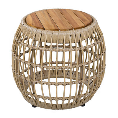 Round 16.15" Acacia Wood Outdoor Side Table With Wicker Base, Outdoor Accent For Patio, Garden, Balcony & Indoor Use