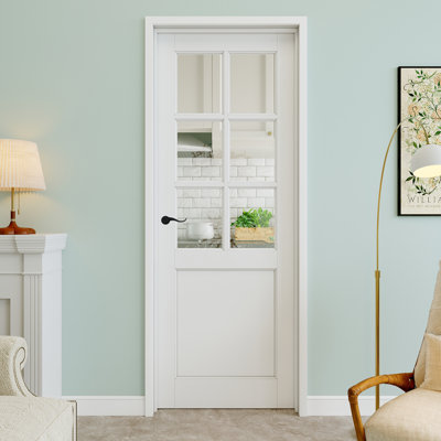 Porte pré-suspendue en verre transparent 30 po x 80 po à 6 lumières avec levier incurvé et charnières noires, dalle de porte en verre transparent, peint et imperméable, combinaison pour la lessive, portes de placard, portes de pièce, droite