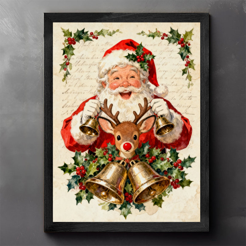 Art mural rétro noir de Noël avec père Noël, impressions de style rétro, H 11 po x l 9 po