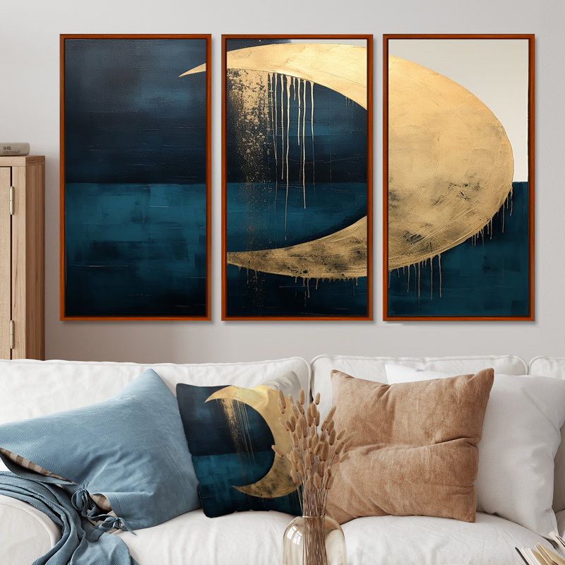 Lune mystérieuse turquoise - ensemble de reproductions d'art mural géométrique, Cadre flottant brun