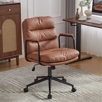 Ergonomic Brown Mid Back Office Chair With Wheels, Padded , 40 Reclining Back, 360 Swivel, Adjustable Height, Double Sponge Cushion For Study Purpose Pu Leather, Brown, Cushion, Suitable Makeup