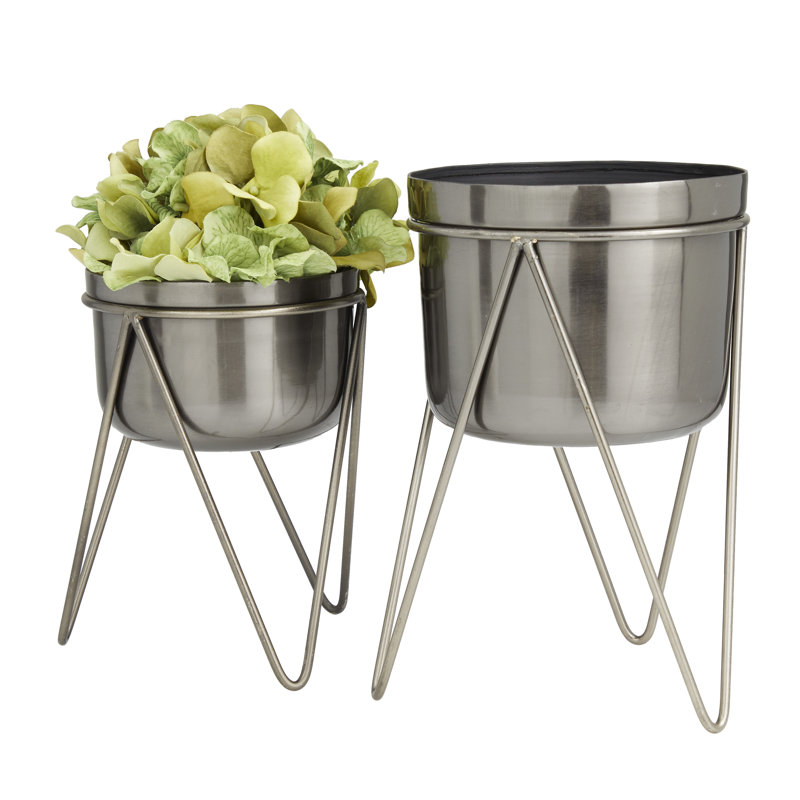 Ensemble de 2 pots d'intérieur et d'extérieur en métal avec support amovible, Argent
