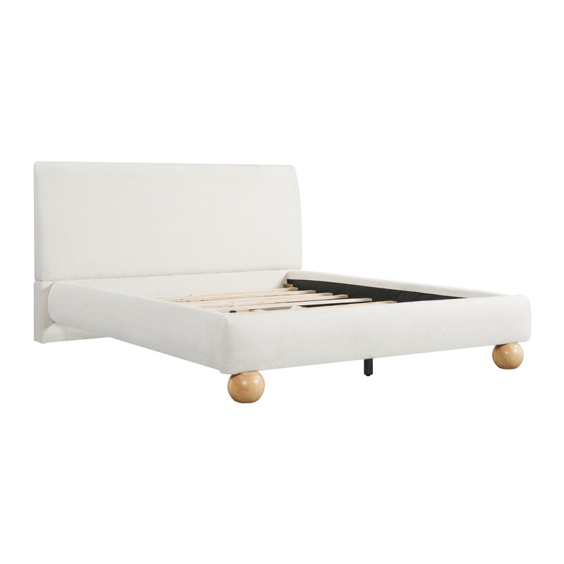 Arlo Modern Glam Upholstered Bed Frame with Thick Curved Headboard and Solid Wood Legs, Off White Boucle