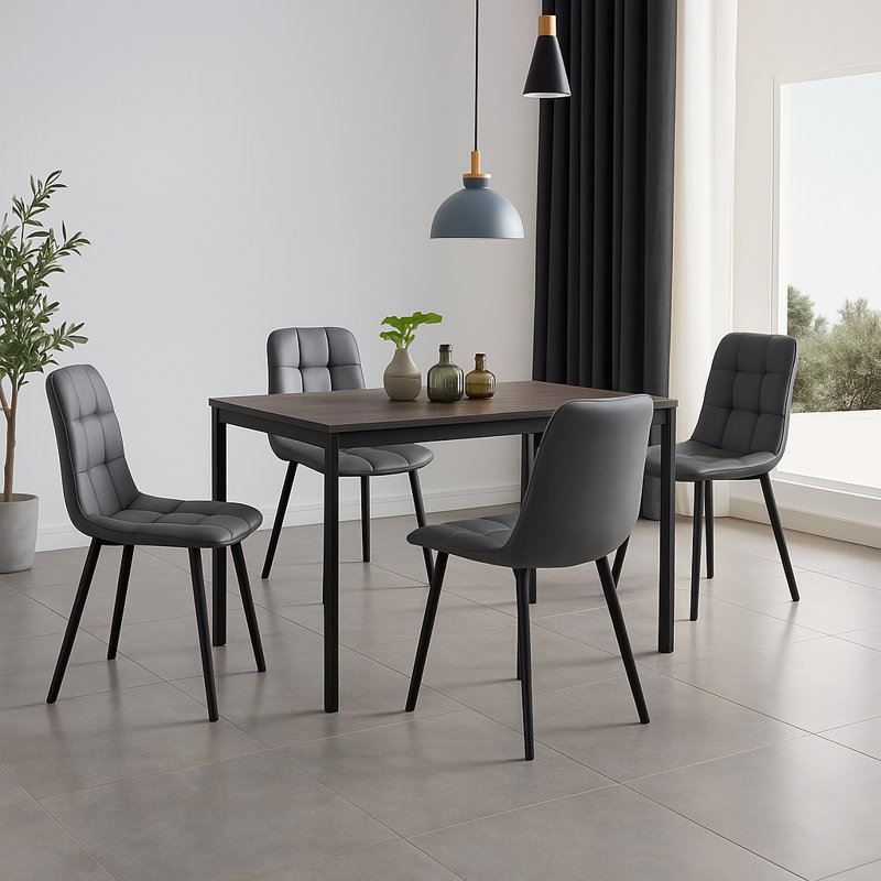 Ensemble de salle à manger 5 pièces moderne avec plateau en grain de bois et chaises rembourrées, siège en similicuir et structure en acier - gris et noir