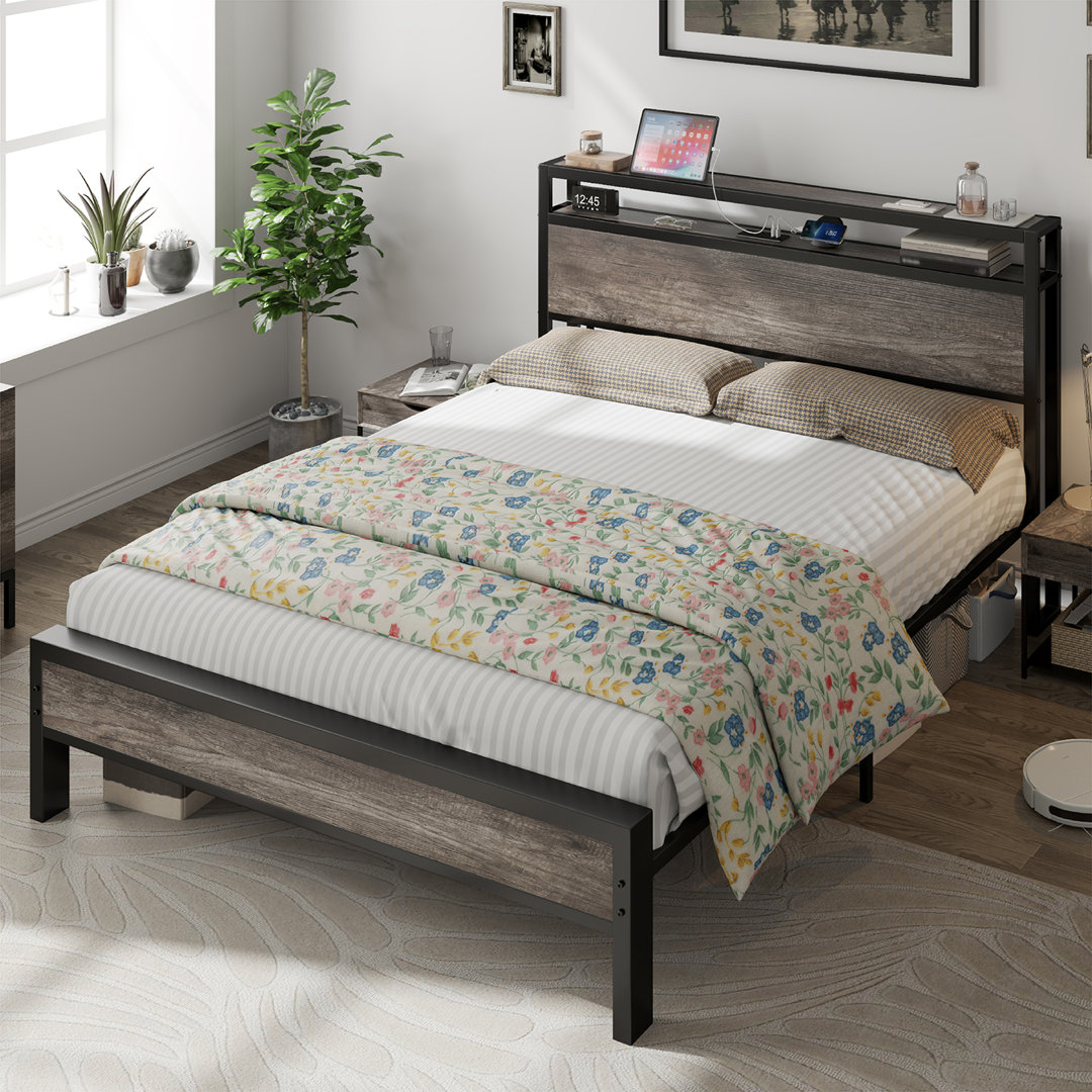 Platform Bed Frame With 2-tier Storage Headboard/ Charging Station 17 Stories