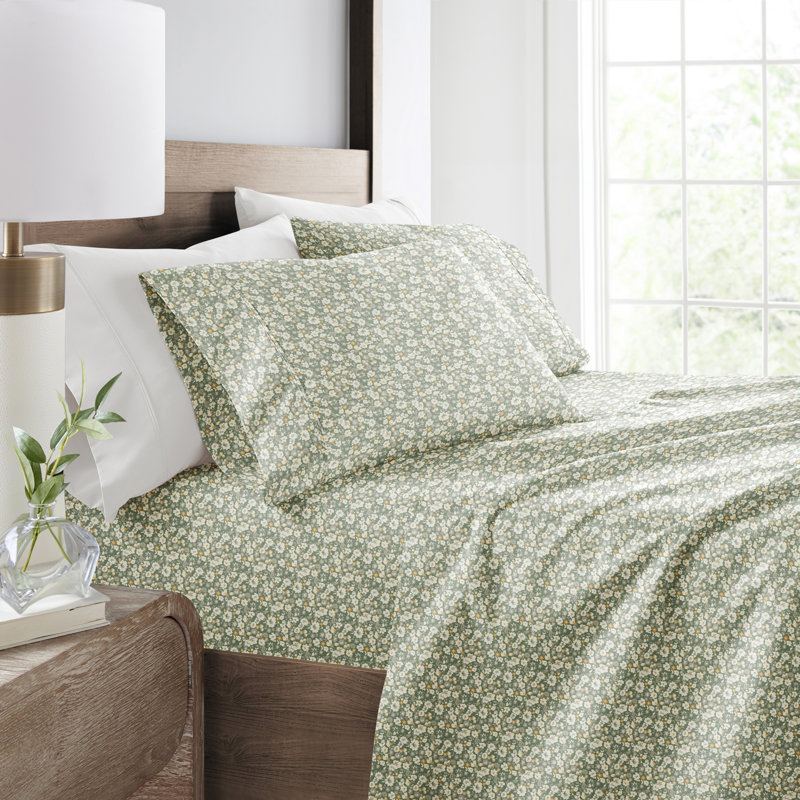 4 Piece Sheet Set Patterned Microfiber Ultra Soft Bedding in Floral Dream, Green, King