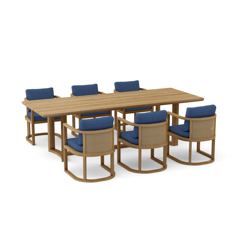Junus 8 - Person Teak Wood Patio Dining Set with Rectangular Table , Sunbrella® Cushions Included, Canvas Navy
