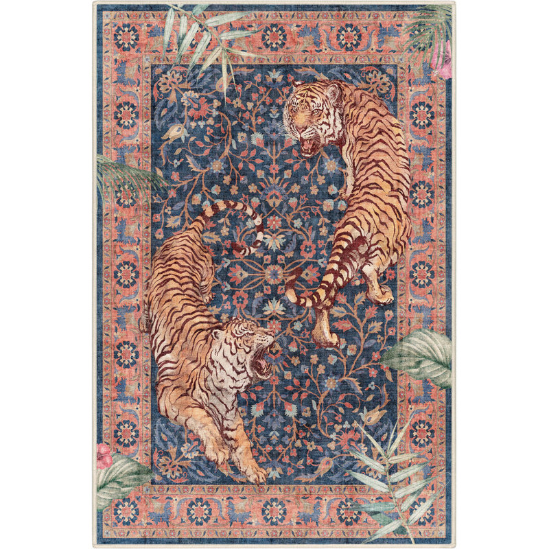 Tapis bleu marine à motif floral Shanea, Rectangle 3 pi 3 po x 5 pi