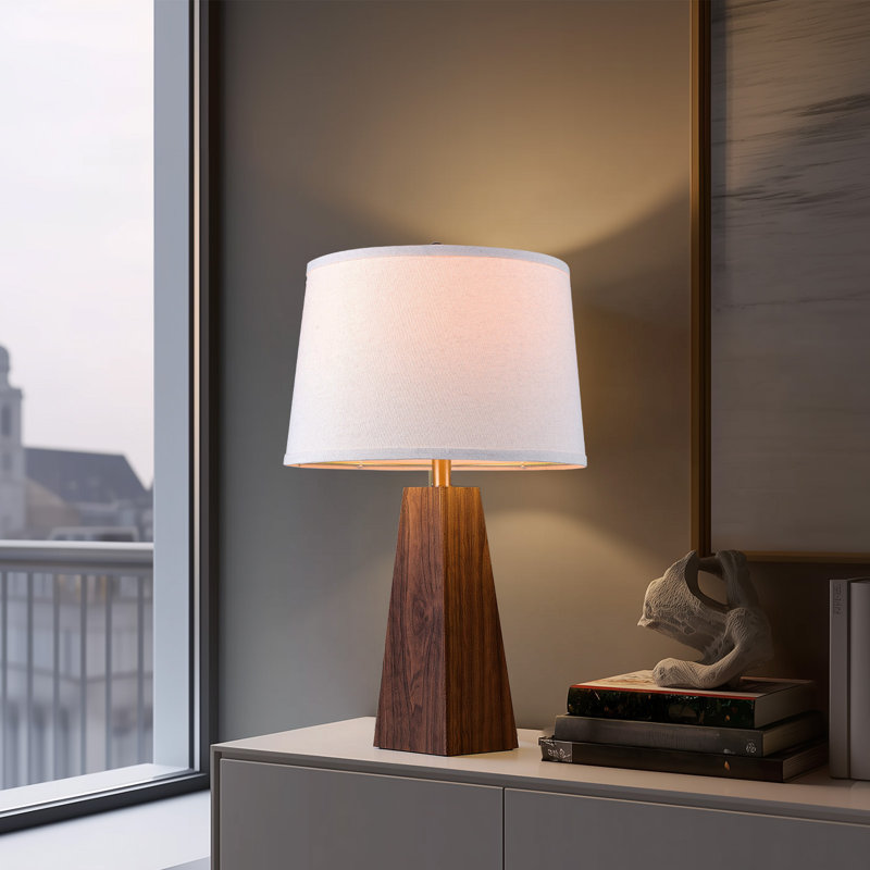 26'' Wood Table Lamp with Linen Shade, 26" H x 14" W x 14" D, Beige