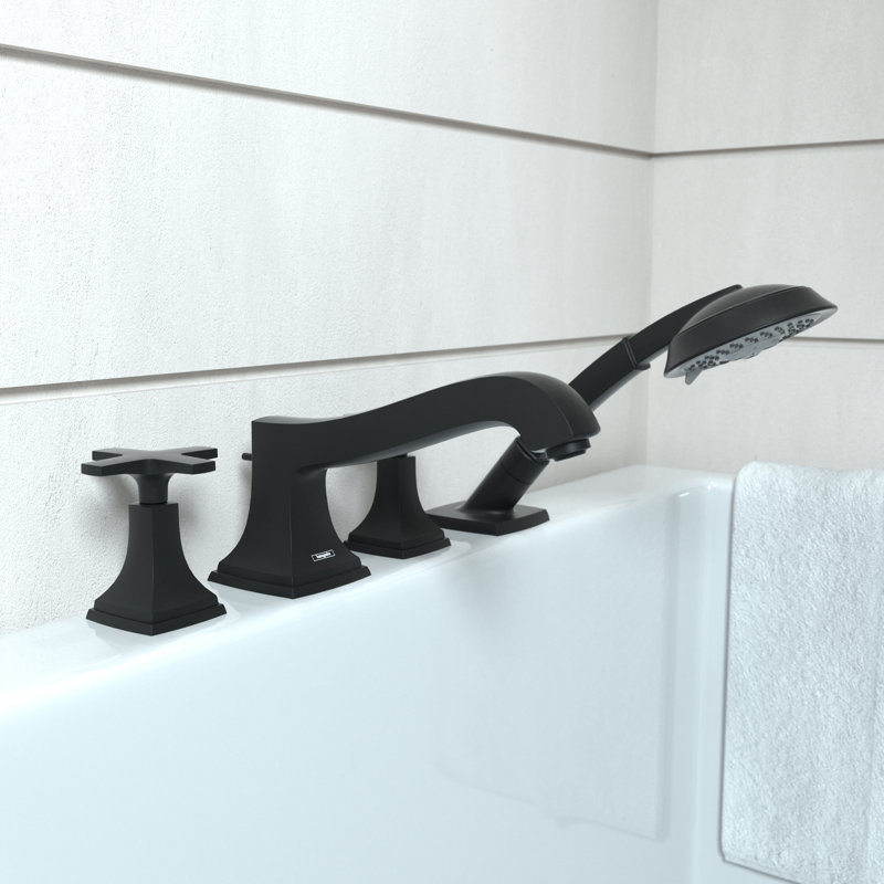 Hansgrohe Metropol Classic 4-Hole Roman Tub Set Trim with 1.8 GPM Handshower Trim Set Only, Matte Black, Cross Handle