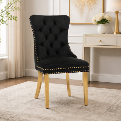 Contemporary Velvet Tufted Dining Chair with Nailhead Trim and Golden Legs, Black