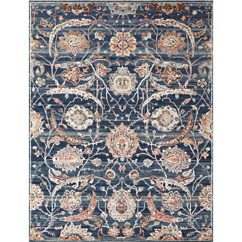 High-Quality Hand-Knotted Wine Area Rug, Dark Blue, Rectangle 8' x 10'