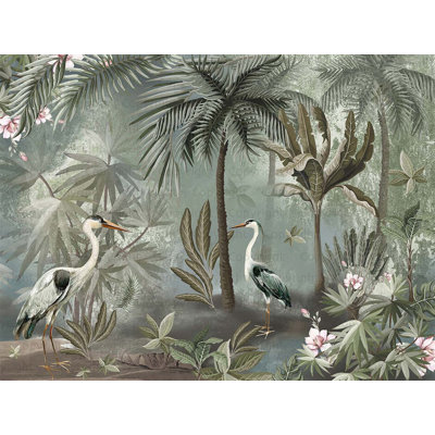 Serene Tropical Oasis Wallpaper Mural Herons And Palm Trees