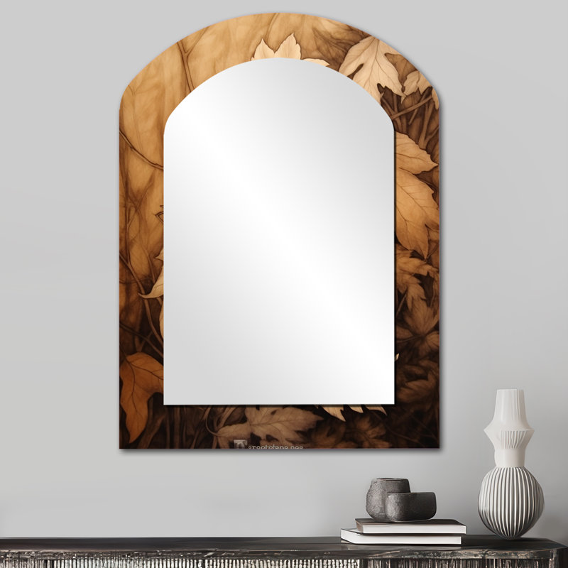 «Brown Beige Leafs» Harmony III - miroir mural unique de forme irrégulière florale, miroir asymétrique traditionnel, impression d'art en métal