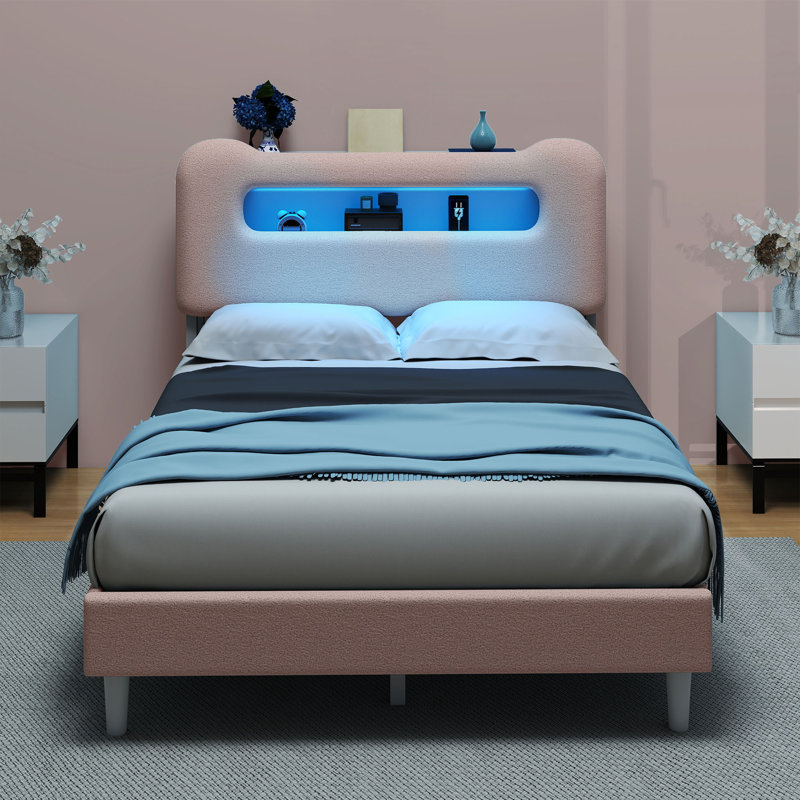 Upholstered Platform Bed with LED Lighting Included, Full, Pink