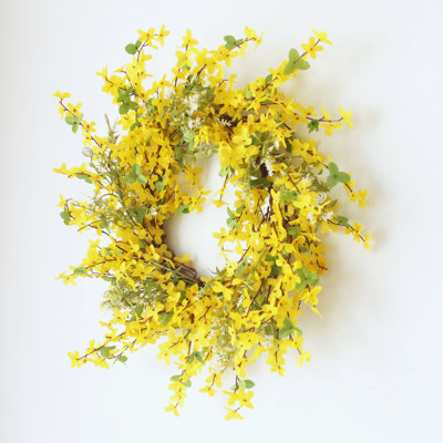 20 Inch Spring Wreath for Front Door, Artificial Yellow Forsythia Flower Grapevine Wreath