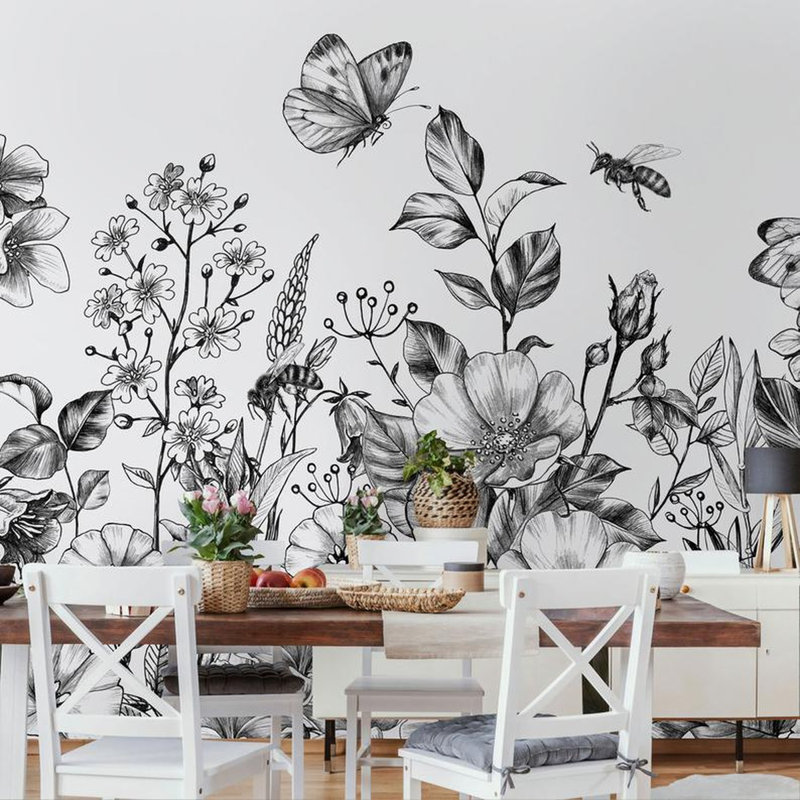 Papier peint amovible floral exotique noir et blanc, L 9 po x l 15 po
