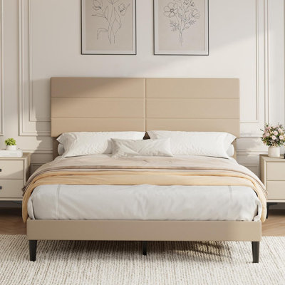 Queen Size Bed Frame with Adjustable Headboard,Linen Fabric Upholstered Platform Bed,Mattress Foundation with Strong Wood Slats Support,No Box Spring Needed,Noise-Free,Easy Assembly (Beige)
