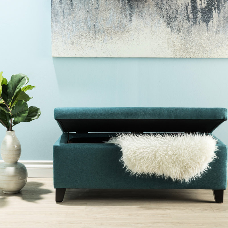 Banc de rangement en tissu de couleur bleu sarcelle - Pieds en bouleau, tissu spacieux, bouleau, grande capacité