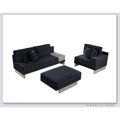 Canapé modulaire en velours noir de 122,5 po de largeur avec rangement, tiroir, ports USB et prises Memphis pour une vie moderne