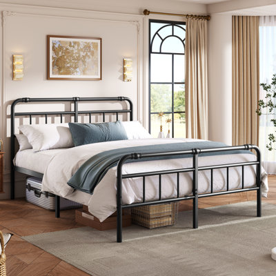 14 Inch Metal Full Bed Frame with Headboard, Heavy Duty Industrial, 3500 lbs Capacity, Noiseless Non-Sway, Black, Easy Assembly, No Box Spring Needed