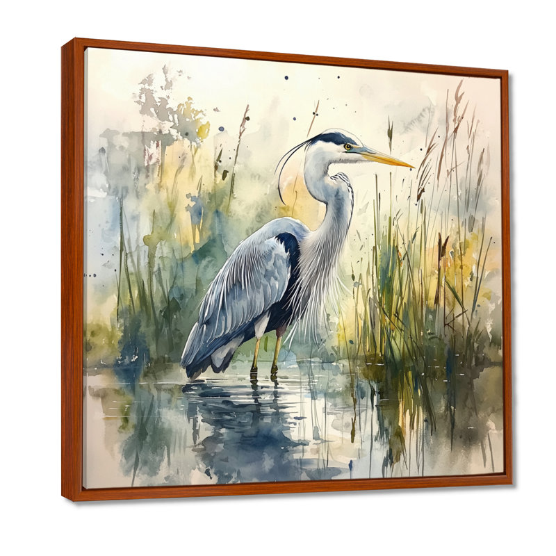 «Ayannah Heron By The Farm Lake», art mural héron, Impression encadrée flottante, Brun, H 16 po x l 16 po