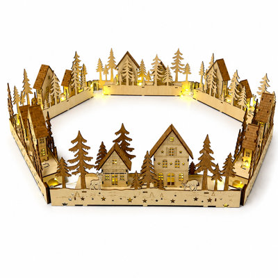 24.5" DIY Wooden Christmas Village Tree Collar with Light-Up Holiday Scene Craft Kit