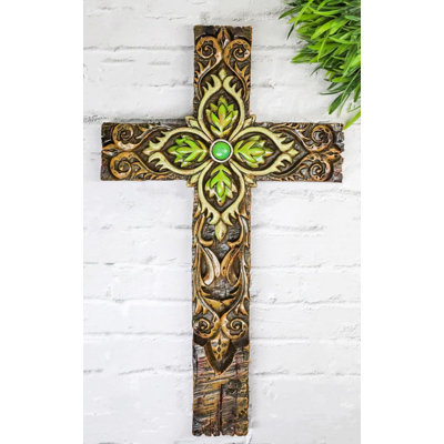Rustique fleur de lys avec croix et feuillage mural