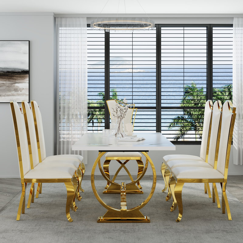 78 Inch White And Gold Dining Table Set With 6 White Leather Dining Chairs, 7 Pieces: Table, 6 Chairs, Gold