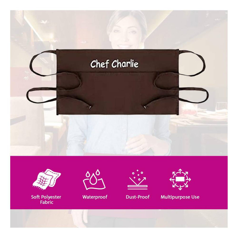 Personalized Server Aprons with 3 Pockets -Waist Apron with Name - Custom Half Apron, Brown, Yes