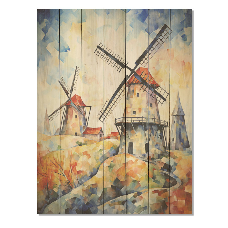 Fauvist Windmill Meadows IV - Éoliennes sur bois, H 32 po x l 24 po