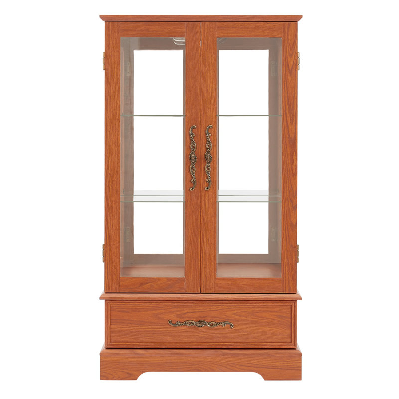 Vitrine vitrée éclairée avec tablettes réglables en verre 2 portes et 1 tiroir, Chêne foncé