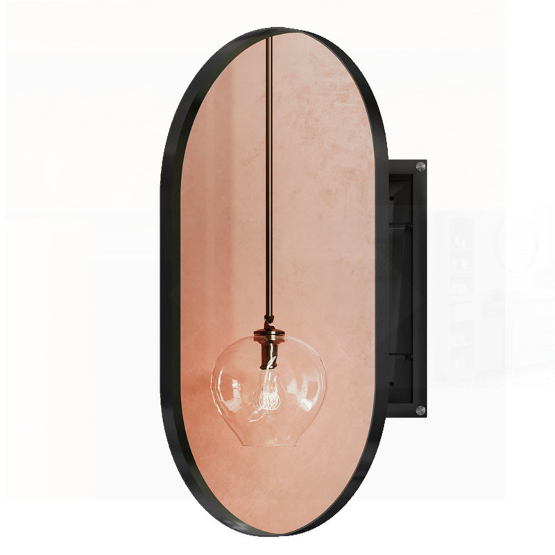 Armoire à pharmacie ovale encastrée avec tablettes réglables, cadre en métal et miroir pour le rangement de la salle de bain, finition noir mat