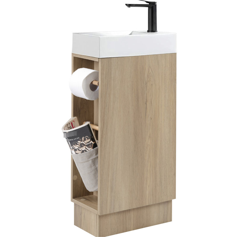 Petit meuble-lavabo de salle de bain en frêne naturel de 16 pouces avec portes à fermeture douce et nombreuses poignées de rangement dissimulées organisées