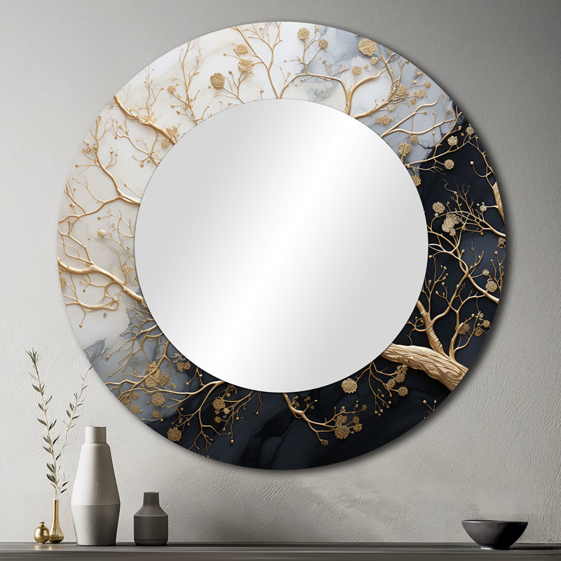 Golden Branch Tree Luminous Tangle III - Monochrome Wall Mirror, Traditional Round Decorative Mirror, Printed Metal Art
