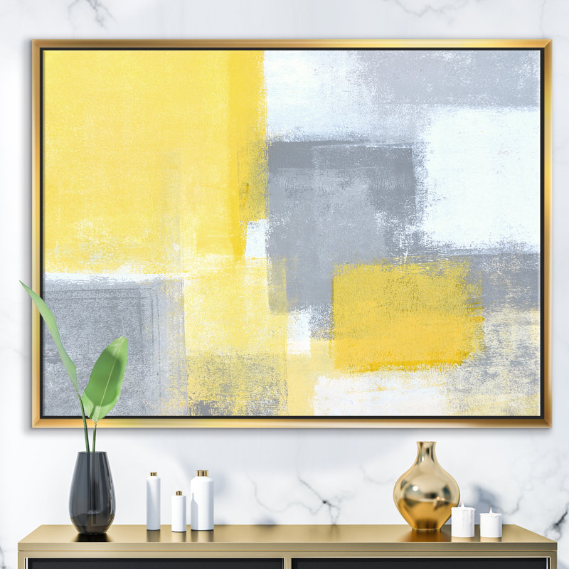 Gris et jaune bleu abstrait XXI - reproduction sur toile, H 36 po x l 46 po, Cadre flottant, Doré