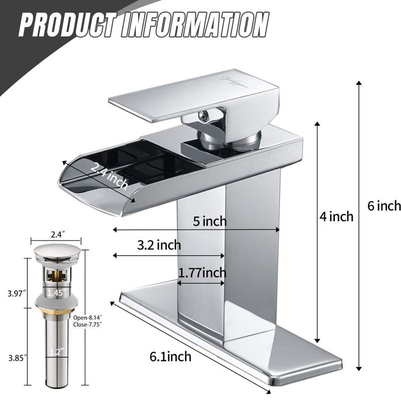 Chrome Waterfall Single-Hole Bathroom Faucet with Drain Assembly