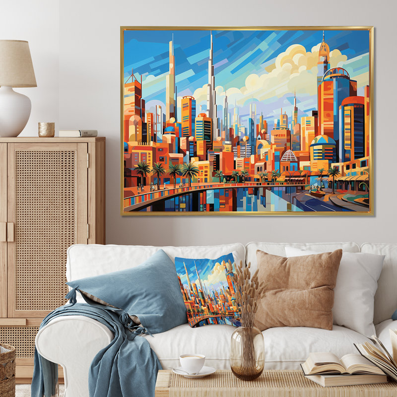 Pop Art, paysage urbain de Dubaï III, impression sur toile encadrée, 16" H x 32" W, Cadre flottant doré