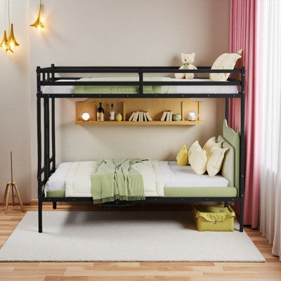 Queen Bunk Bed, Metal Bed Frame With Full-Length Guardrail And Ladder, Black