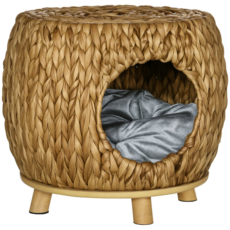 Lit pour chat en osier avec coussin lavable, lit pour animal surélevé, brun clair