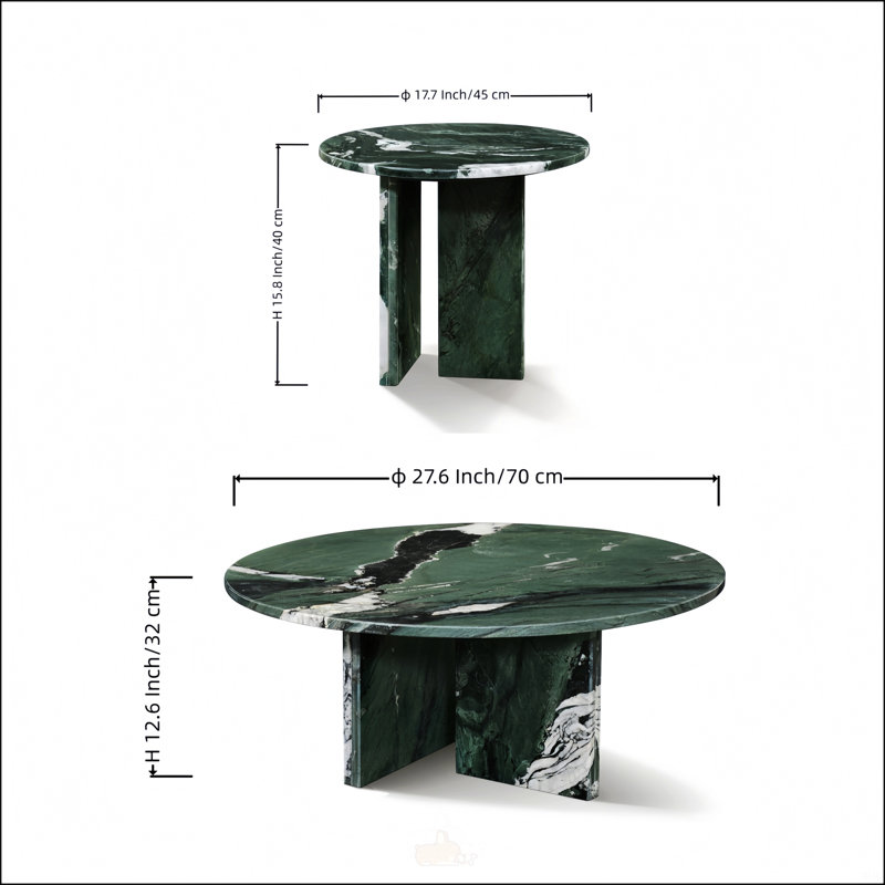 Ensemble de 2 tables gigognes semi-polies rondes en marbre, parfaites pour les salons, en pierre naturelle et élégante, Vert
